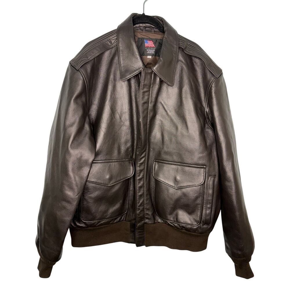 US Wings Leather Bomber Jacket Brown Size Large Military